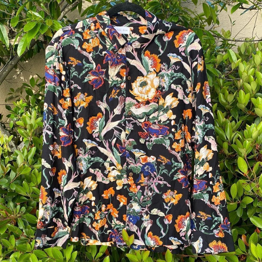 MEN'S RAGA MAN: BLACK FLORAL PRINT LONG SLEEVE SHIRT. MEDIUM. NWT